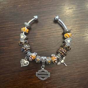 Harley-Davidson DIY Biker Charm Bangle Bracelet with Orange and Leopard Glass Be